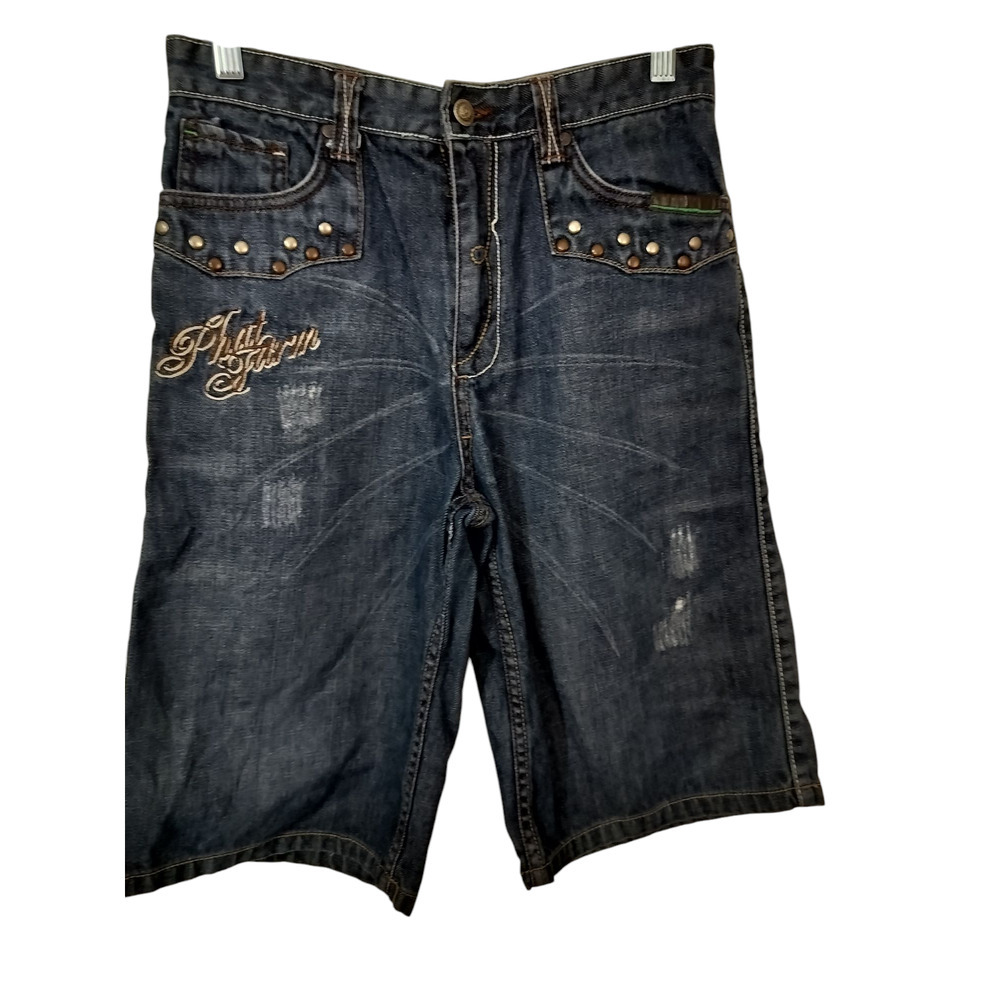 3436) Phat Farm Y2K Baggy fit Hip Hop Blue Denim Studded Embroidery Shorts Sz 16